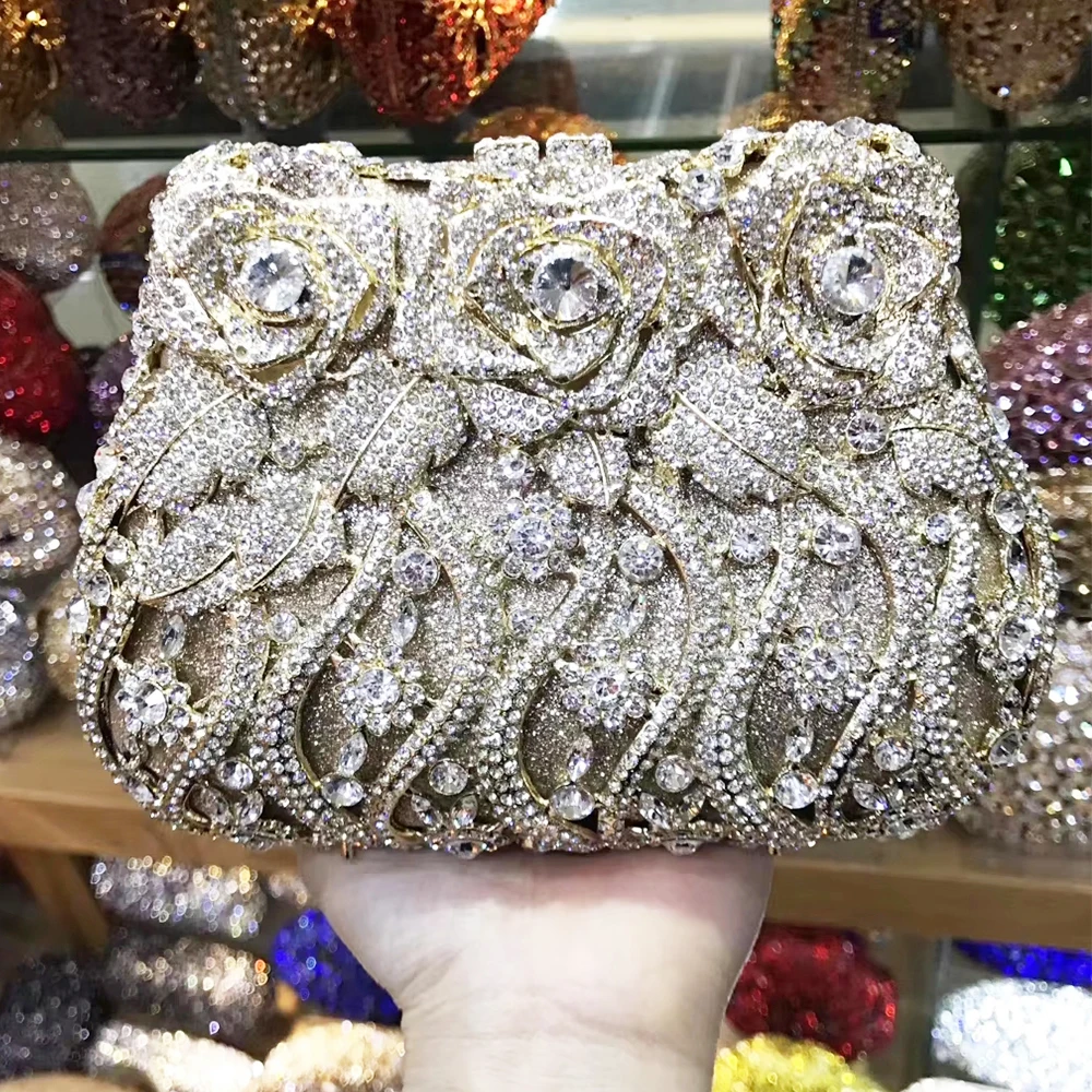 

Diamonds White Clear Women Evening Bag Luxury Flower Rhinestone Clutches Crystal Handbag 32 Colors Wedding Bridal Party Purses