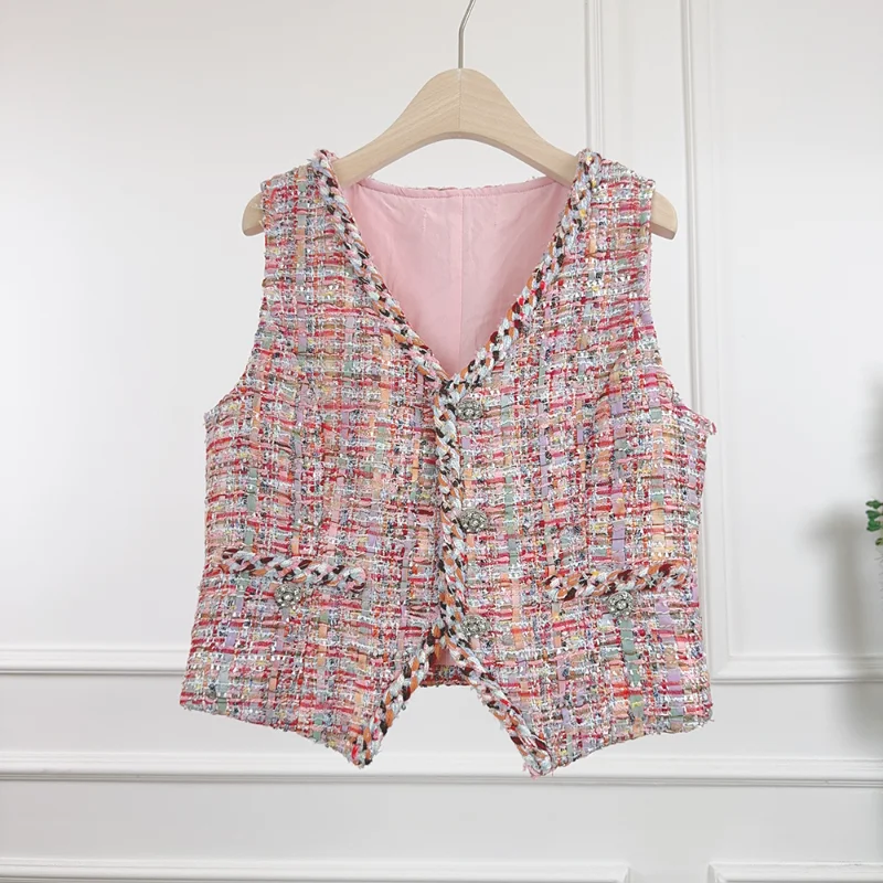 

Basic Vintage Wine V-neck Short Vest Coat Women Small Fragrant Wind Woven Tweed Fashion Sweet Sleeveless French Lady Top