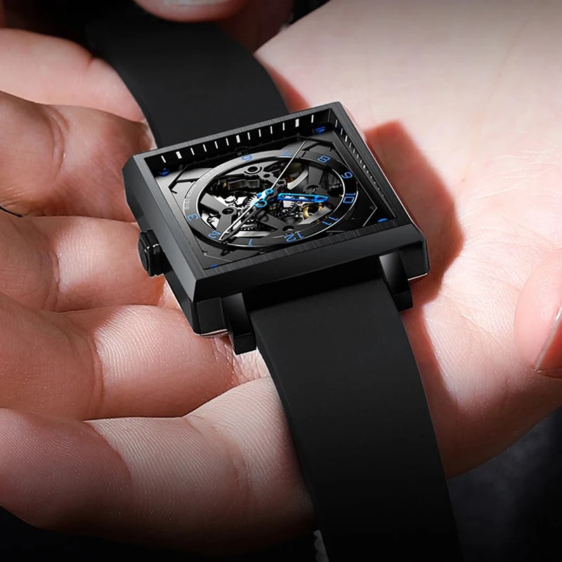 SOLLEN Orologio meccanico quadrato alla moda di marca per uomo cinturino in caucciù impermeabile orologi scheletrati automatici con zaffiro di fascia alta da uomo