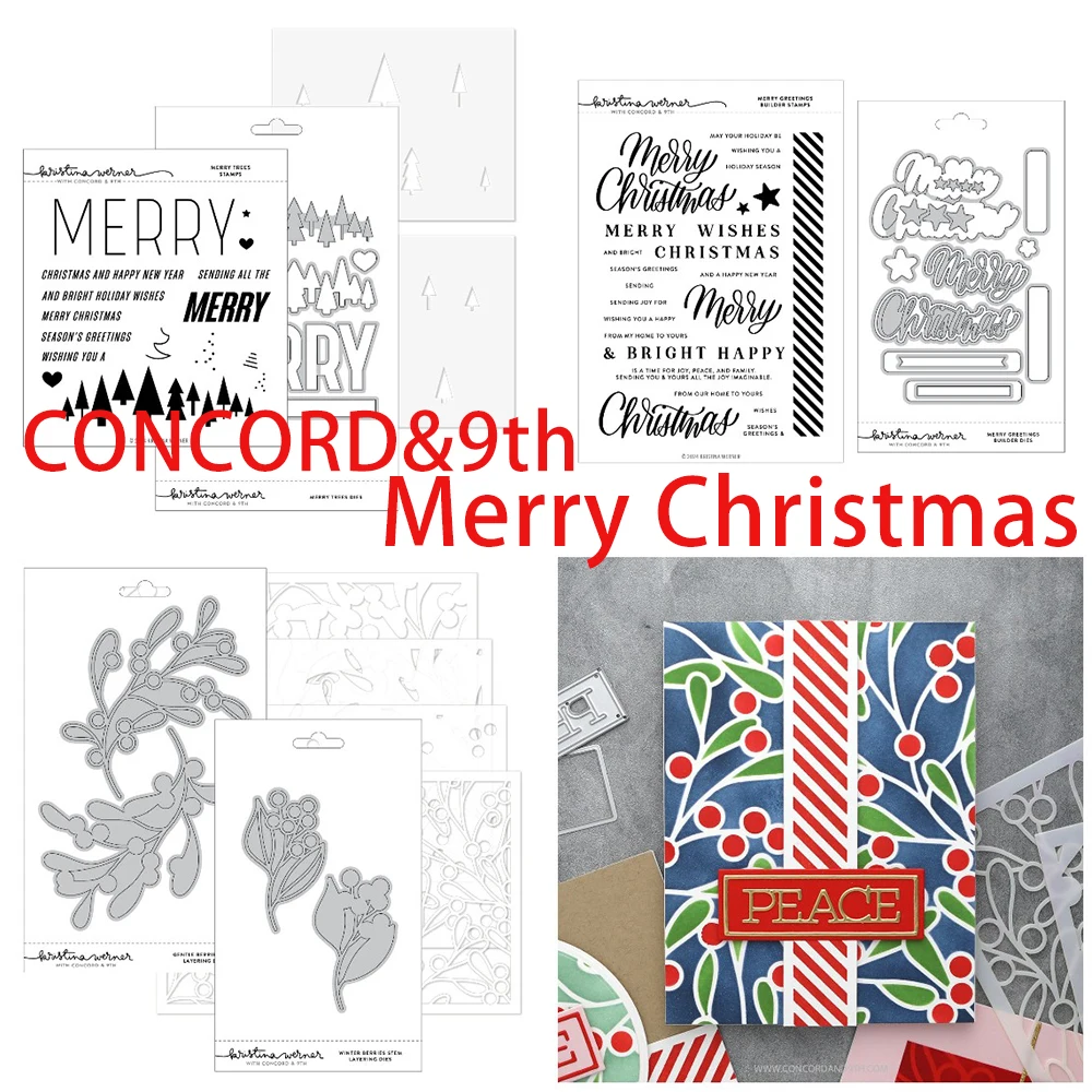 Christmas Holiday Merry Greetings Builder Berries Leaves Trees Bows Cuts Dies Stamp Stemcils Set DIY Make Scrapbooking Card Gift