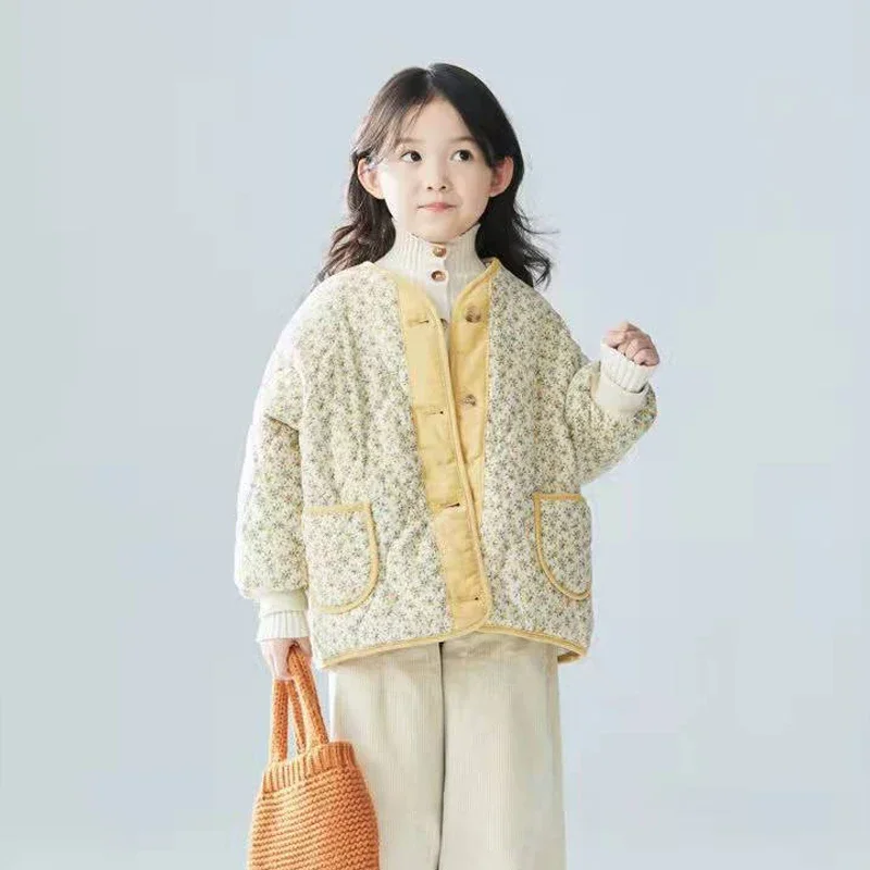 Korean Style Fashion Girls Cotton Jacket Floral Print Plush Short Coat 2022 New Autumn Winter Single Breasted Children Overcoat