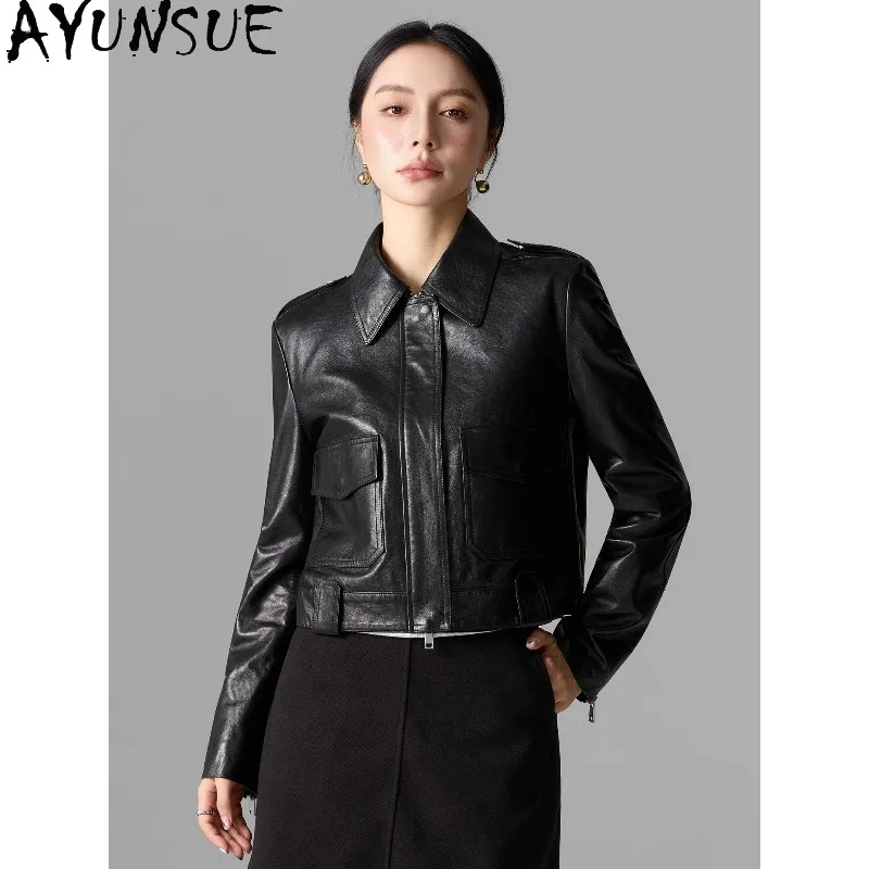 AYUNSUE Real Leather Jackets for Woman 2026 Short Autumn Long Sleeve Tops Motorcycle Style Black Jacket Woman Clothes ropa mujer