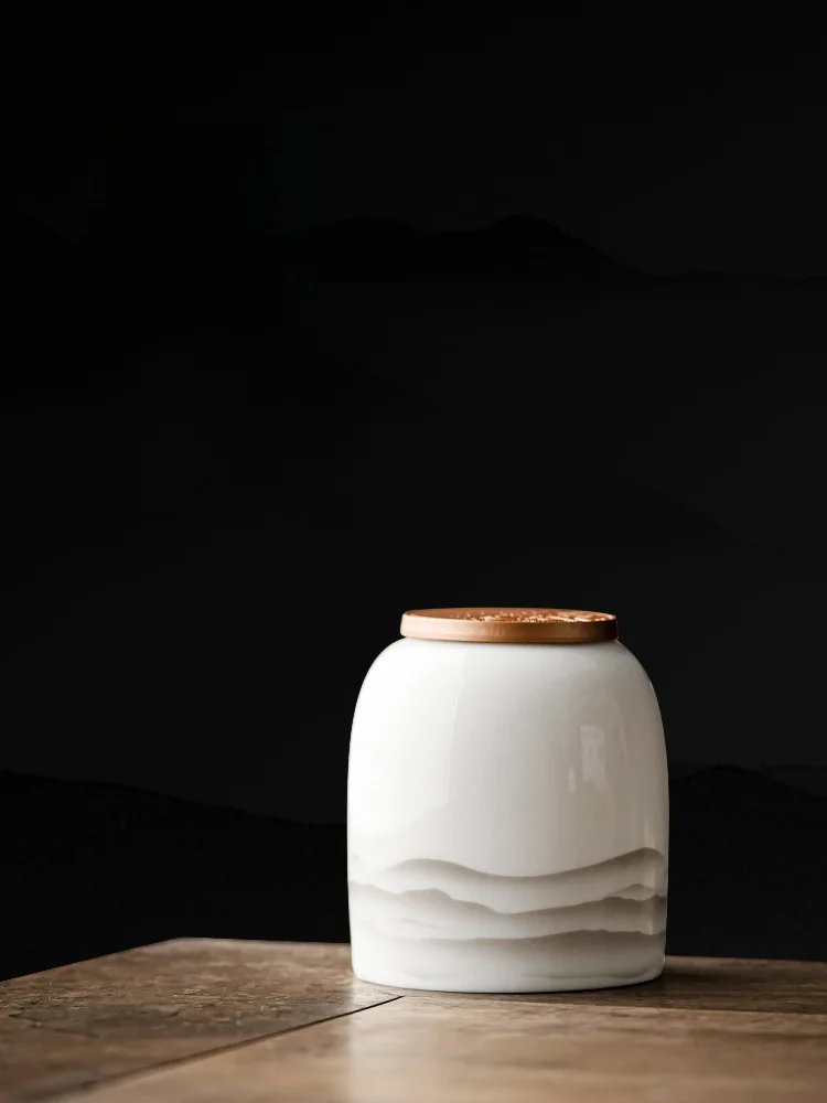 

Sealed Tea Storage Canister White Porcelain Lambs Fat Jade Travel Simple Tea Warehouse Dehumidify Brewing Ceramic Teaware