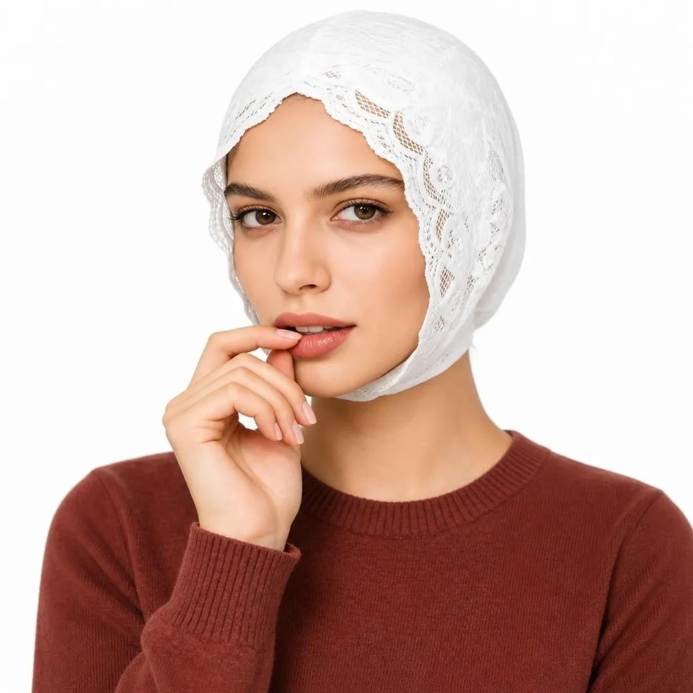 Lace Decorative Turban Caps Neck Warmer Headwear Black White Head Scarf Floral Print Stretch Soft Lace Headscarf Balaclava