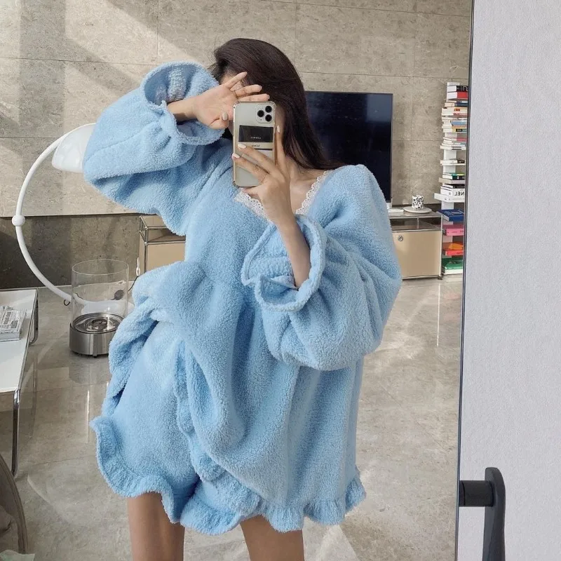 

Women's Coral Fce Pajamas Thiened Loose Home Clothes Set with Square Collar Lace Design Winter Spwear Two-Piece Set