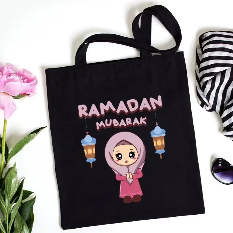 

Многоразовая холщовая сумка-тоут Ид Мубарак с героями мультфильмов для мальчиков и мечетиров, дизайн фонаря для женщин, отлично подходит для путешествий, повседневного использования и подарка