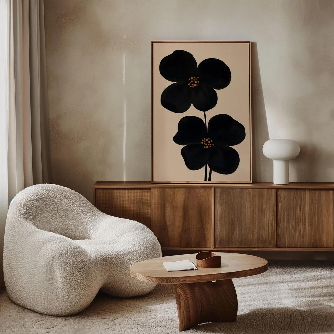 Moody Wall Art Black Floral Print, Oversized Flower Print Abstract Mid Century Framed Print, Minimal Japandi Black & Beige Flowe image 5