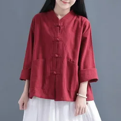 Liziqi-Camiseta tradicional informal de manga larga para mujer, blusa china, Tops, pantalones, traje Tang antiguo de lino y algodón, ropa Hanfu