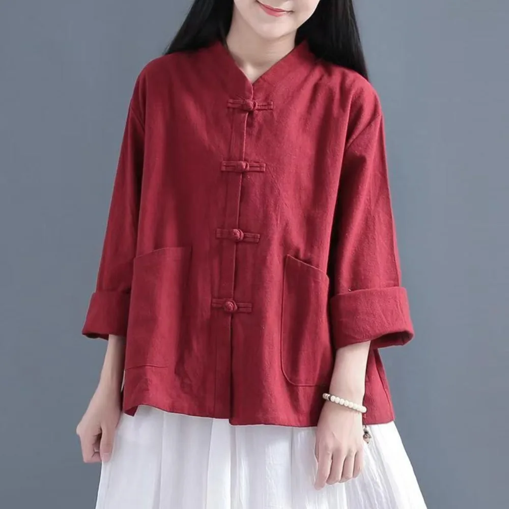 Liziqi Traditional T-shirt Casual Full Sleeve Chinese Blouse Women Tops Trousers Cotton Linen Ancient Tang Suit Hanfu Clothing