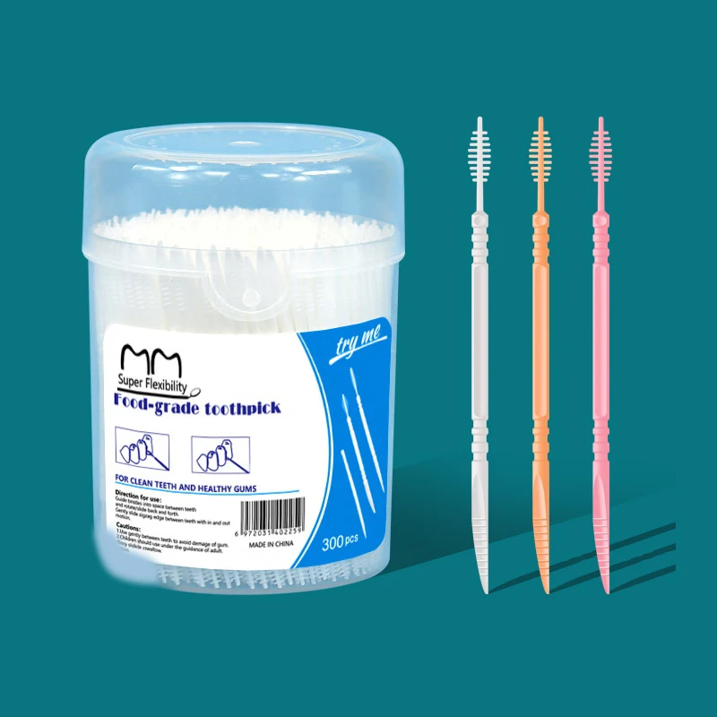 300pcs Plastic Double-head Interdental Brush Dental Floss Stick Mouth Hygiene Plastic Toothpicks Toothbrush Teeth Cleaning Brush