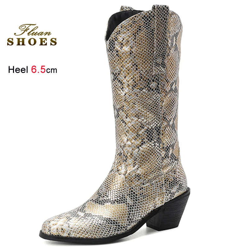 الخريف الشتاء الذهب بيثون منقوشة المرأة منتصف العجل الأحذية أشار تو كعب سميك 6.5 سنتيمتر الانزلاق على سيدة فارس الأحذية حجم كبير 43