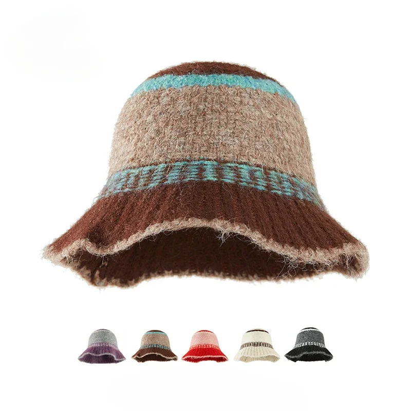 

Korean Retro Color Matching Knitted Bucket Hat Women's Hand Woven Autumn Winter Versatile Wool Hat