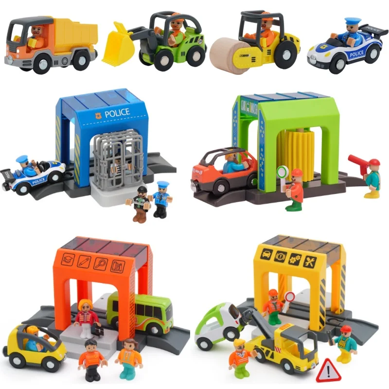 木製電車線路プラスチック洗車場警察署消防署シーンシミュレーションプレイ木製鉄道線路車のおもちゃ