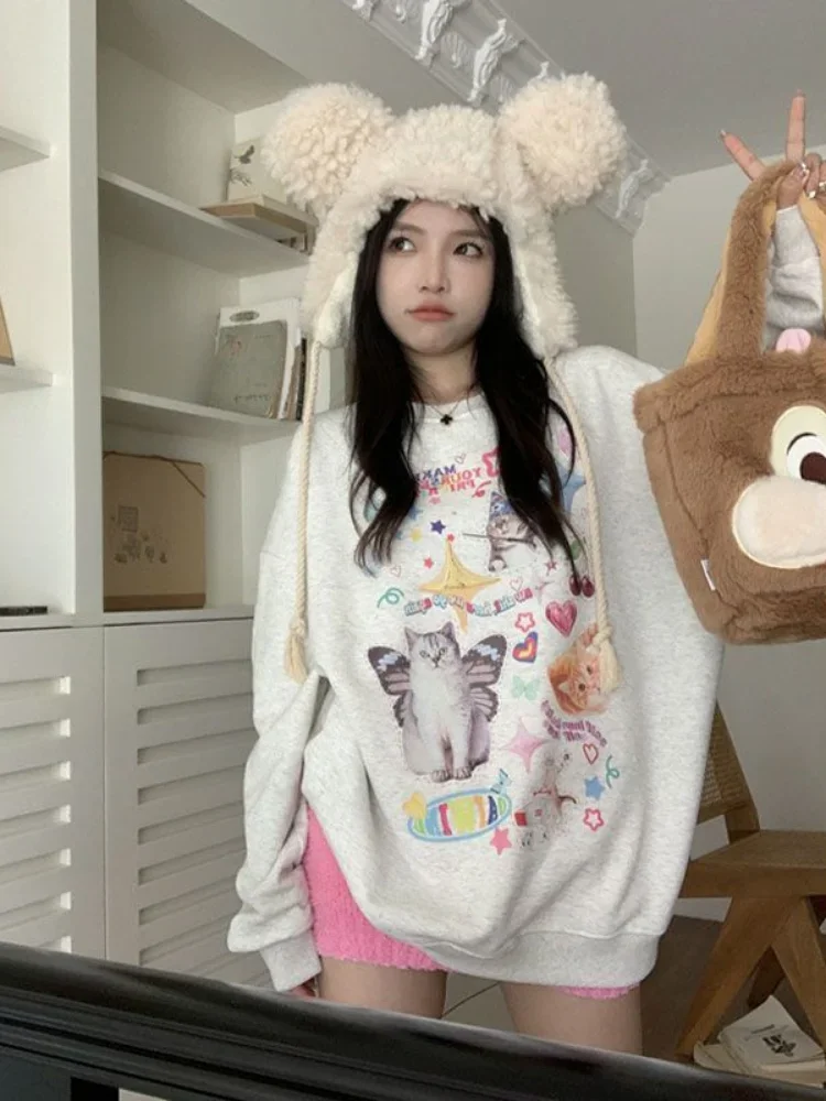 Adagirl Kawaii Cat Print Hoodie para Mulheres, Cutecore, Moletom de Manga Comprida, Retro Americano E-Girl Kitten Angel, Gráfico Alt Clothes, Y2k