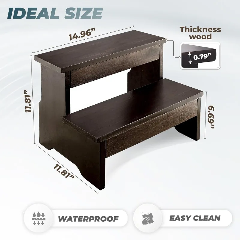 สตูลไม้สองขั้น - สตูล 2 ขั้นตอนสําหรับงานหนัก - รองรับน้ําหนักได้ถึง 450 ปอนด์สําหรับห้องครัว/ห้องน้ํา/สตูลข้างเตียง (วอลนัท)