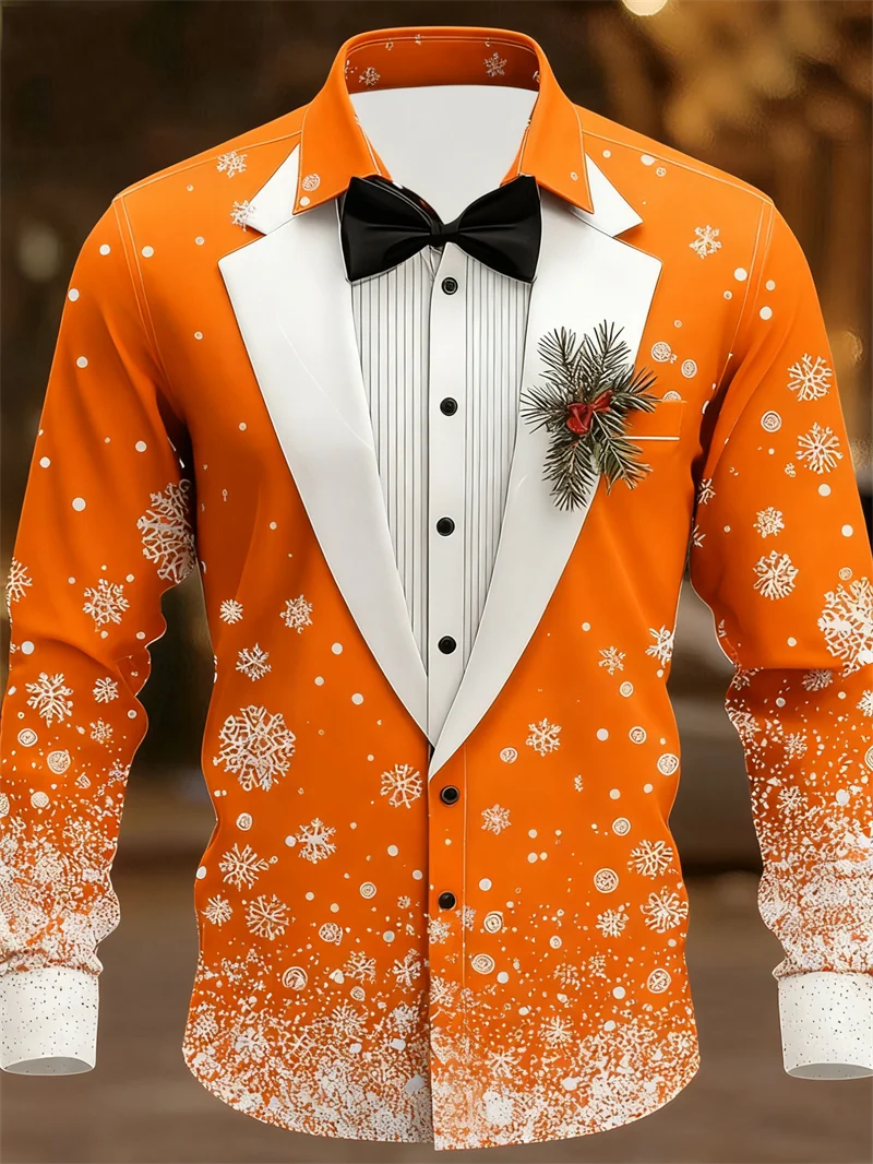 Christmas suit pattern 3D snowflake print men's shirt button long sleeved holiday collar shirt holiday clothing top