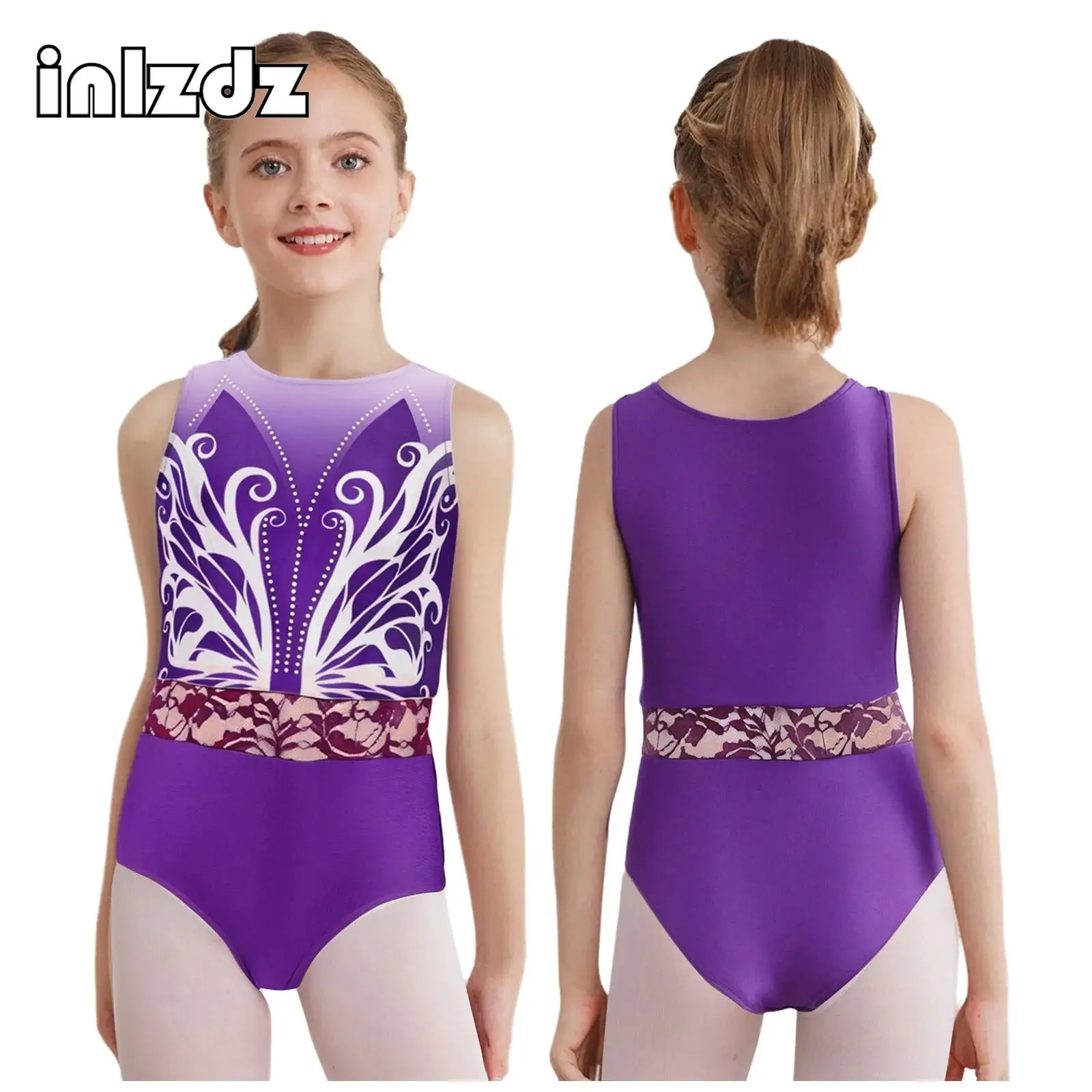 

Kids Girls Gymnastics Leotard Round Neck Sleeveless Shiny Rhinestones Lace Waist Bodysuit for Competition Stage Performance