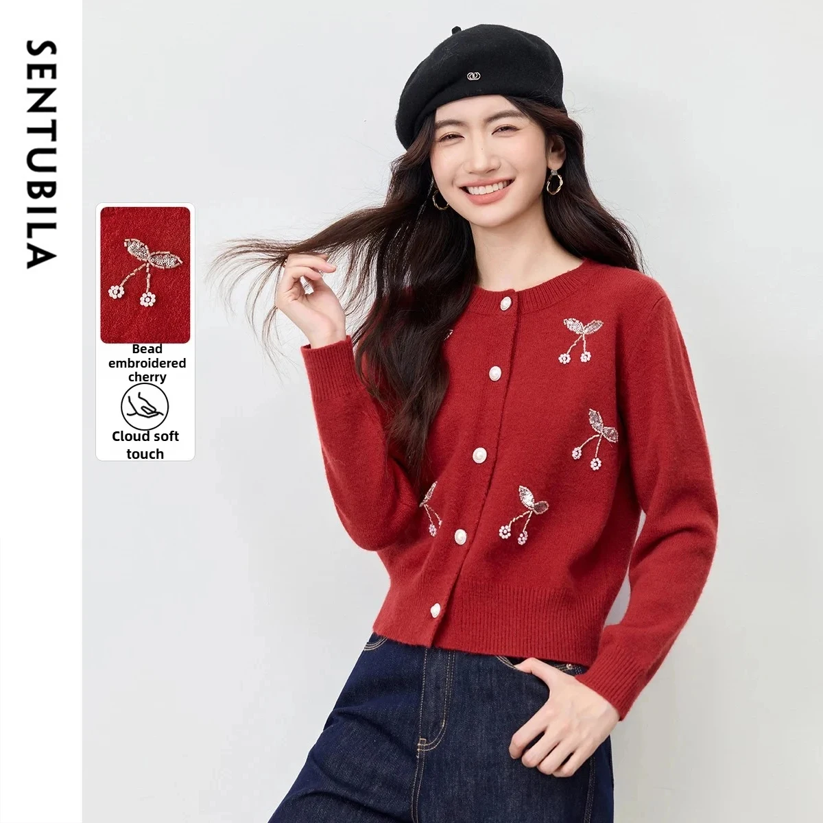 

SENTUBILA женский кардиган с 3D бисером, осень 202, теплый вязаный свитер свободного покроя с круглым вырезом, повседневная женская одежда для поездок на работу W54EB3855