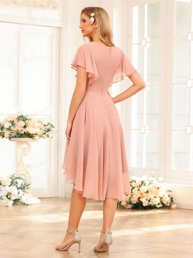 Neuankömmling kurze Ärmel V-Ausschnitt Chiffon mit Rüschen A-Linie Brautjungfer Kleid elegante Rücken Reiß verschluss Kleider für Hochzeits gäste