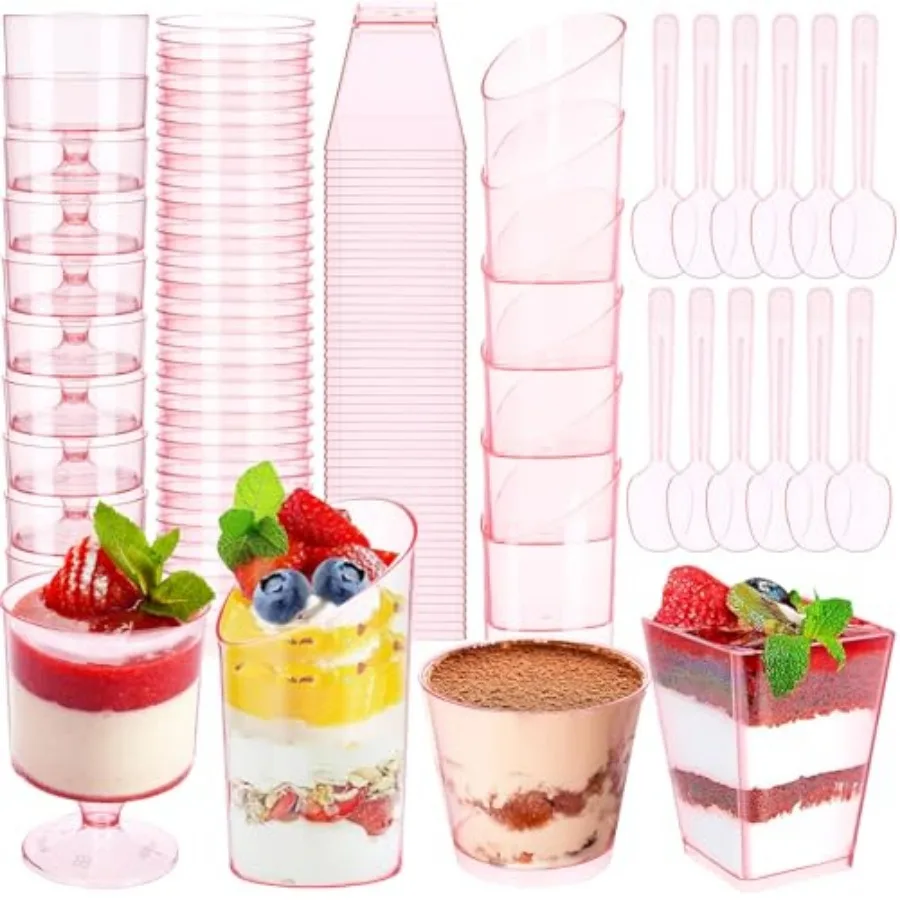 

Набор из 300 прозрачно-розовых мини-стаканчиков для десертов с ложками, 5 унций и 3 унции, пластиковые квадратные наклонные стаканчики для парфе, закусок, круглые бокалы для бирбекю