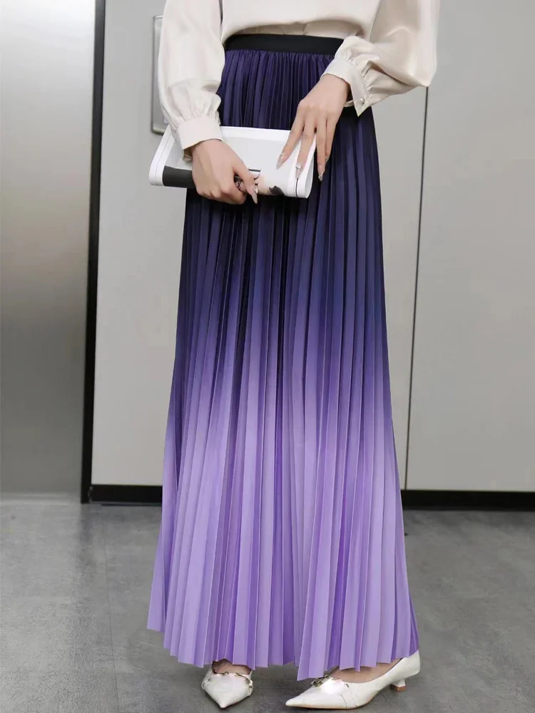 Floor-Length Long Pleated Skirt Women Gradient Color Lengthen Maxi Skirt Women Casual Patchwork Elegant Skirt Female