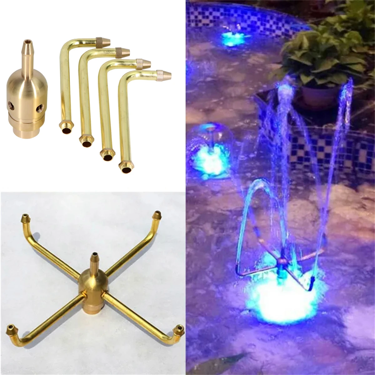 

Copper Automatic Rotating Fountain Nozzle 1/2" 3/4" Threaded Detachable Garden Pond Landscape Water Fountain Head with 5 Nozzles