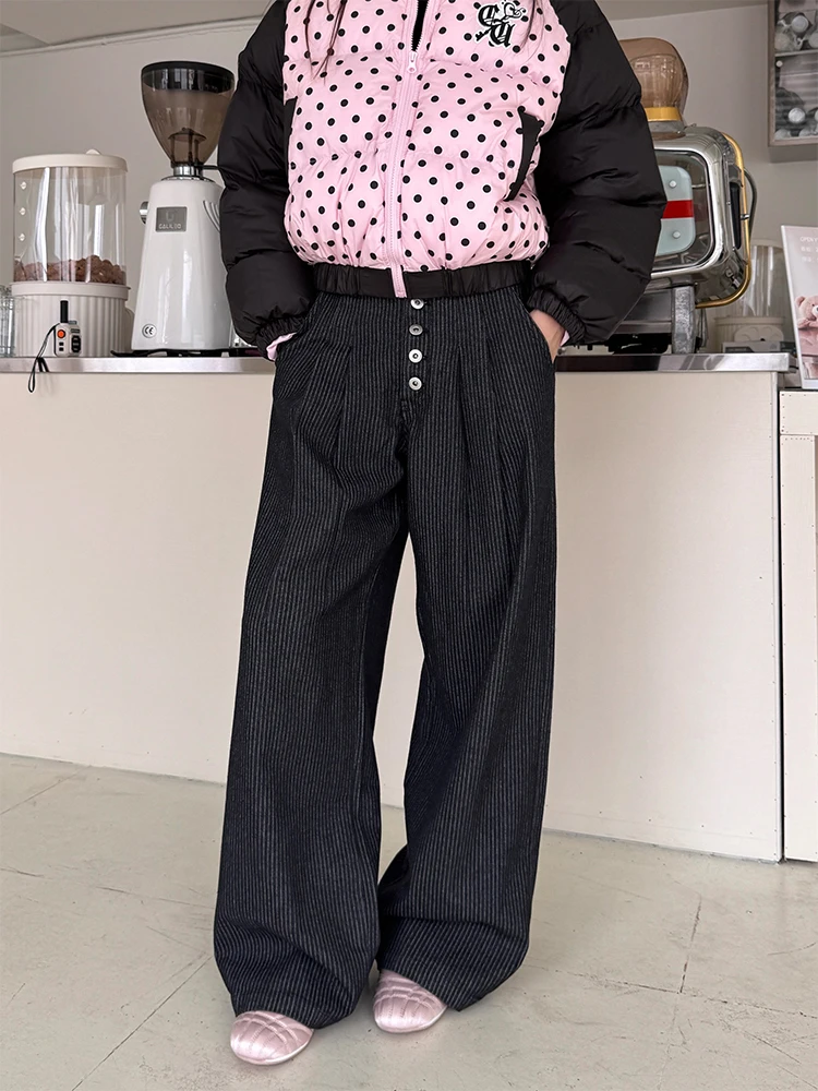 

American Retro Striped Loose Casual Jeans Men's Women's Cleanfit Loose Couple Wide Leg Pants Trendy Folded Waist Design