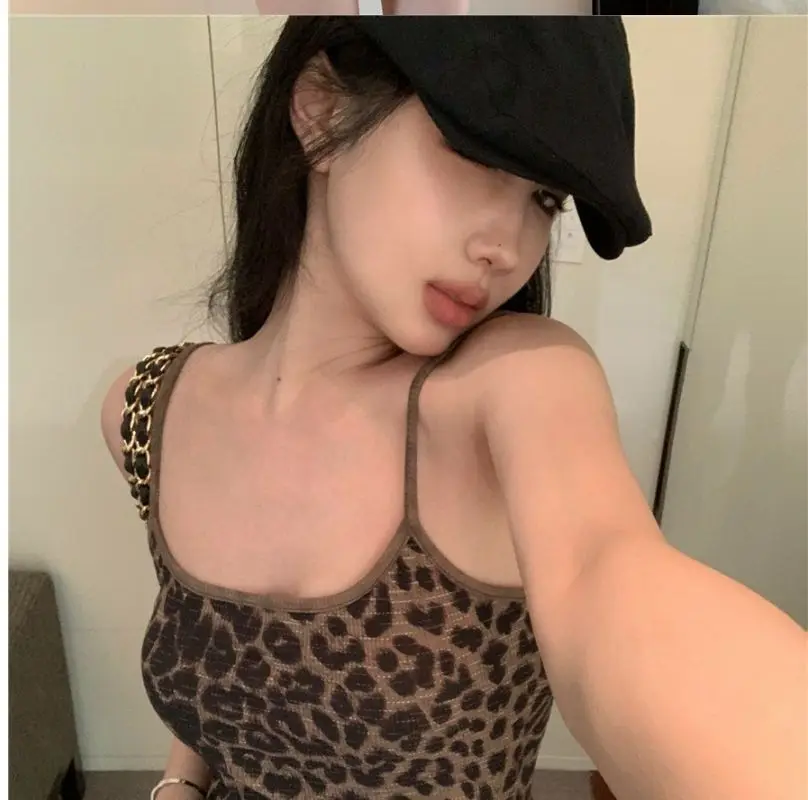 Y2K Summer American Hot Girl Style Retro Leopard Print Camisole Slim Ultra Short Umbilical Corset Spaghetti Straps Tank Tops