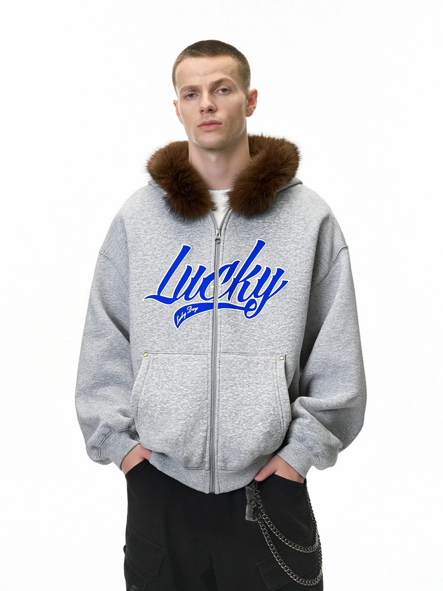Jiezhan Men's Sweatshirt Jacket Winter New Arrival Hooded Embroidered Plush Collar Short Sweatshirt