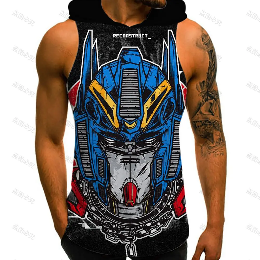 Mobile Suit Men's Hooded Tank Gundam 3D Print Anime Basketball Harajuku New Sleeveless Sports Shirt Man Y2k Tops Cool Vest 2023