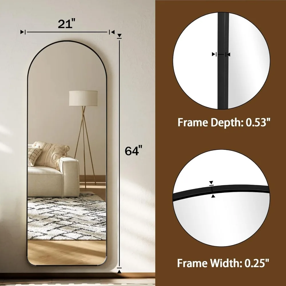 Gewölbter Ganzkörperspiegel 64 x 21 – Bodenstehender Spiegel mit Aluminiumrahmen und Ständer, ideal für den Heim- und Studiogebrauch