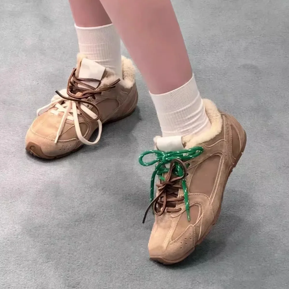 NIGO Women's Autumn and Winter Fashion Sheep Suede Lamb's Wool Double Lace Round Toe Furry Casual Sneakers #NGSH1735