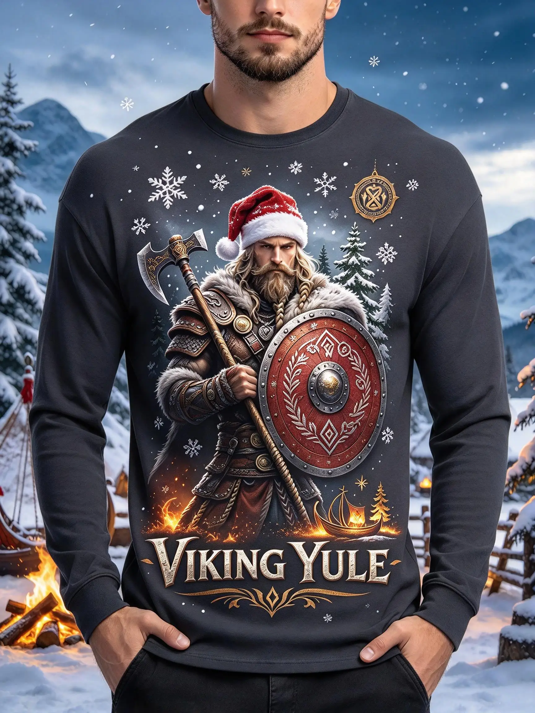 Ugly Christmas Men Long Sleeve T-shirt, Winter Mountain Offroad Jeep with Tree Full Print Casual Xmas Tee Tops