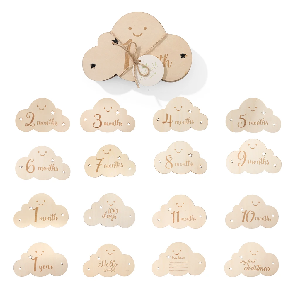 

8PCS/Set Wooden Milestone Card Monthly Newborn Record Growth Photography Props Cute Cloud Pattern Milestone Wood Chips Baby Gift