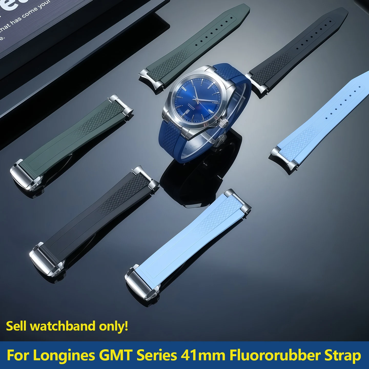 

Для Longines, новинка Kangkas Yuedong Series 41 мм GMT Panda L3.830, мужской ремешок для часов из фторкаучука с изогнутой металлической головкой, 21 мм, браслет FKM