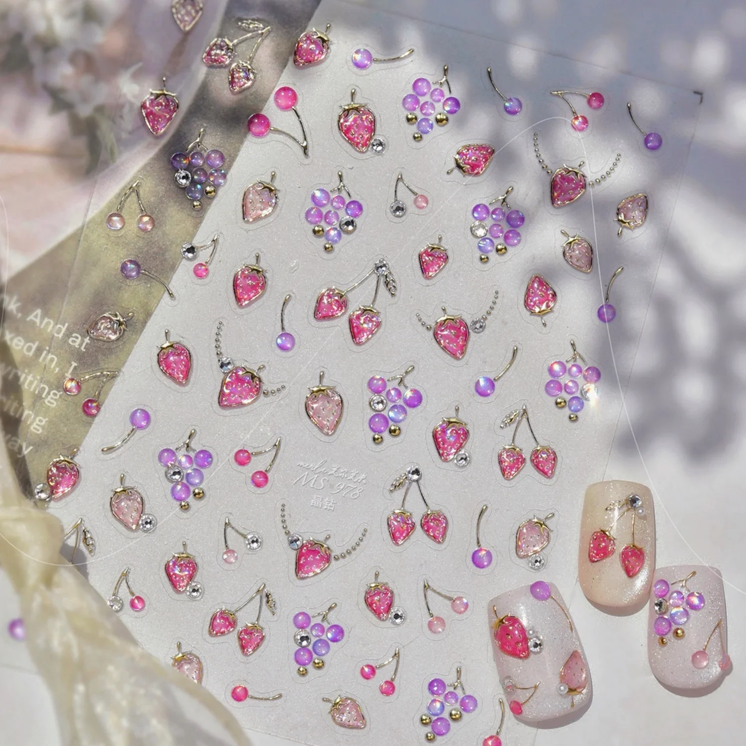5D Fruit Nail Art Stickers Strawberry Cherry Grape Nail Decals Rhinestones Self-Adhesive Sweet Cute Nail Decorations Manicure