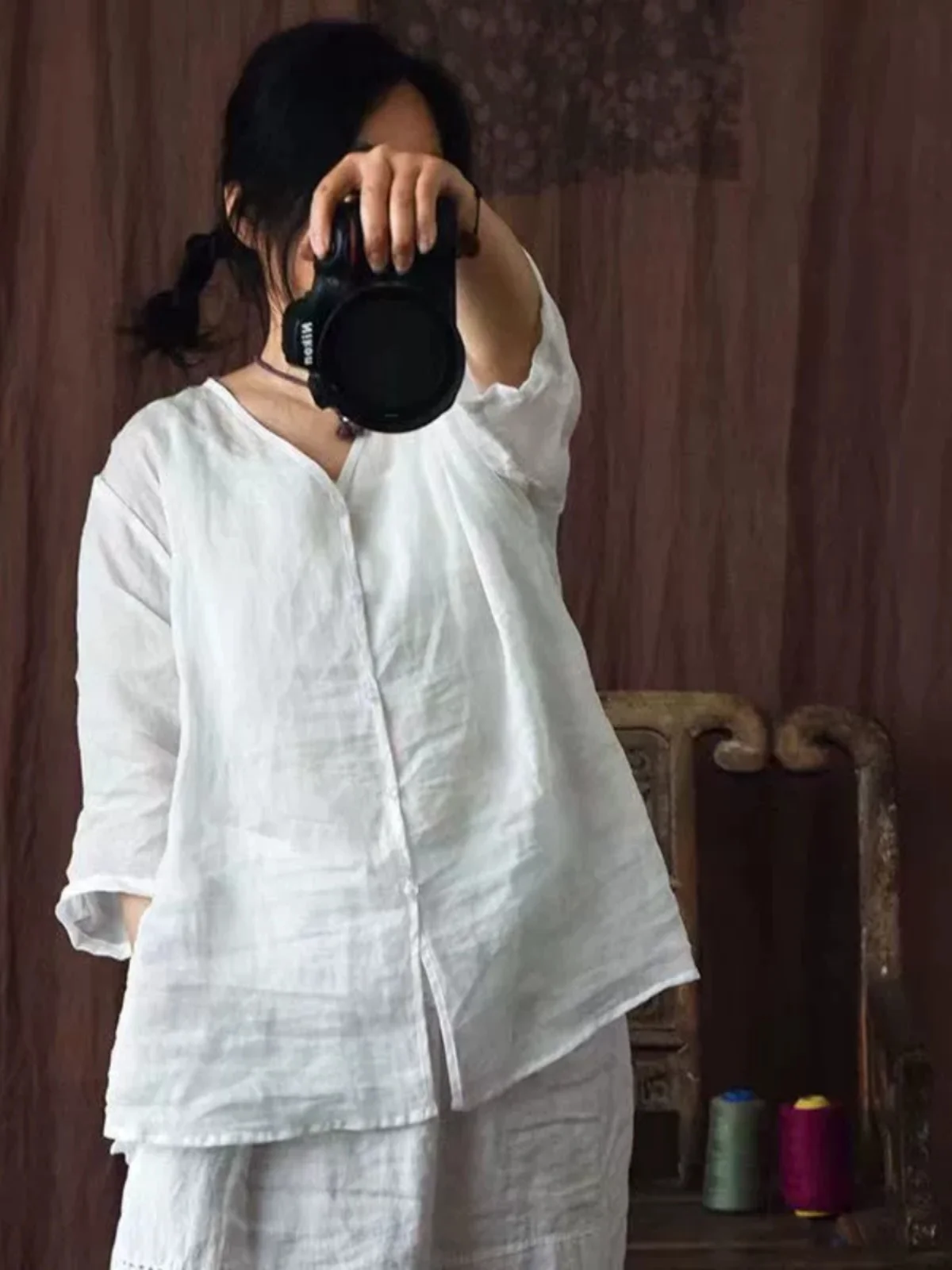 

Китайский Sle, тонкий хлопковый льняной солнцезащитный топ, женский весенний новый хлопковый льняной топ с v-образным вырезом, свободный крой