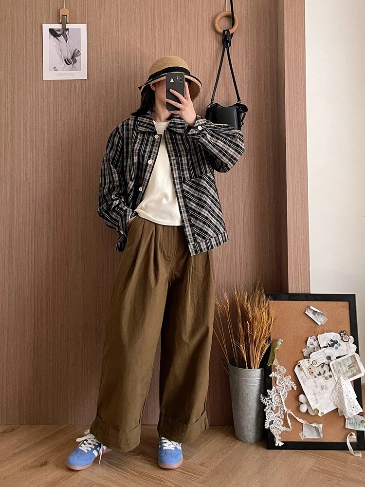 

Ретро-пальто в гонконгском стиле в клетку, женское, осеннее, новинка, класса люкс, свободного кроя, из хлопка, с длинными рукавами, на пуговицах