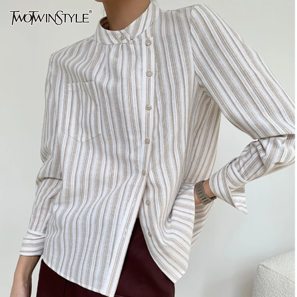 

TWOTWINSTYLE Solid Spliced Button Striped Shirts for Women O Neck Long Sleeve Minimalist Blouses Female Fashion New