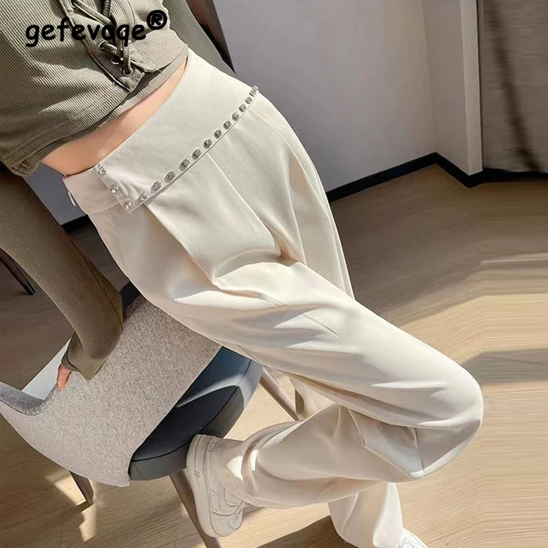 

2023 Women Clothes Korean Fashion Diamonds Chic Elegant Wide Leg Suit Pants Casual Solid Straight Trousers High Waist Pantalones