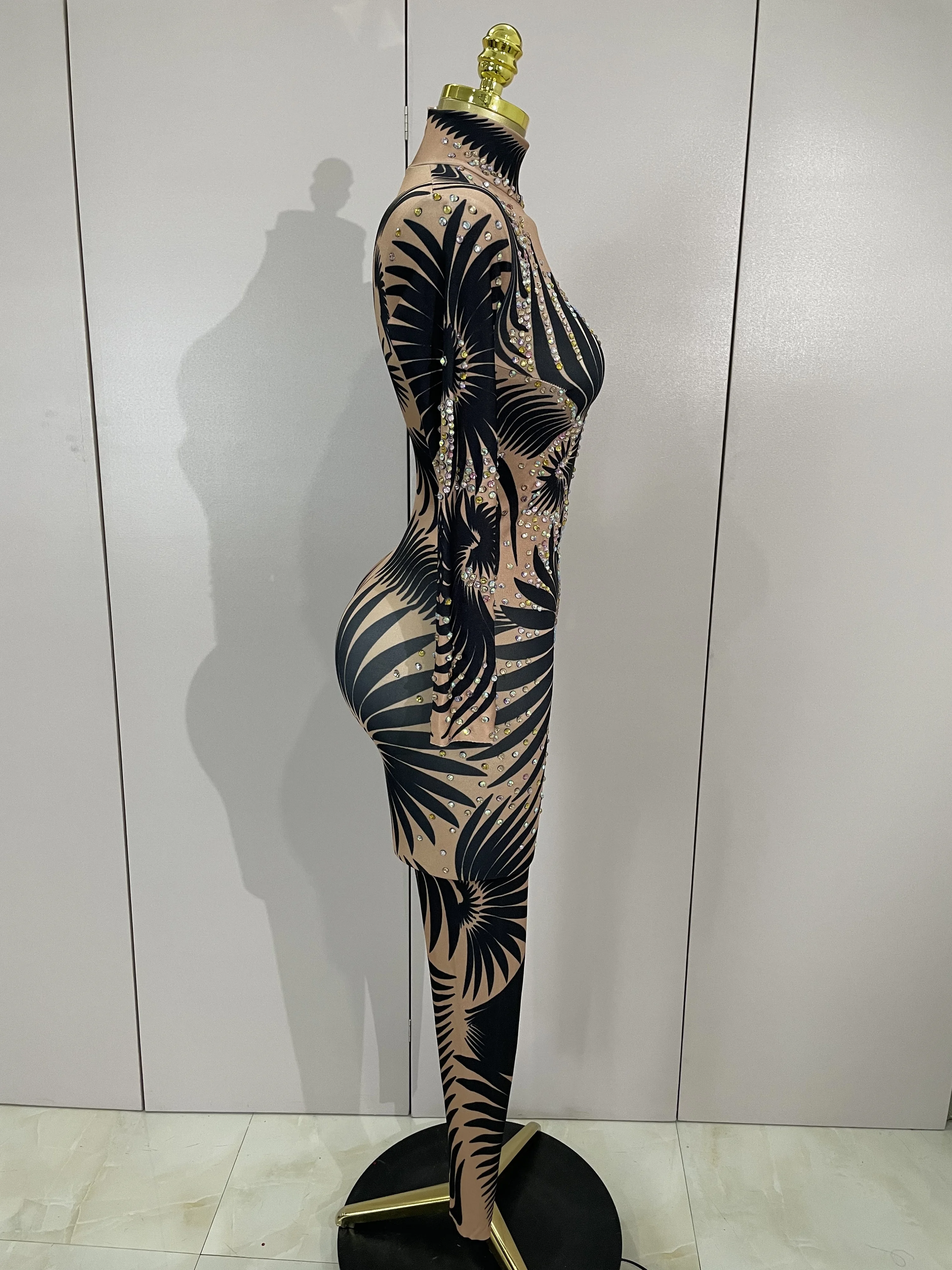 반짝이는 라인스톤 프린트 섹시한 긴 소매 스트레치 점프수트 여성 이브닝 파티 나이트클럽 드래그 퀸 쇼 무대 공연 롬퍼