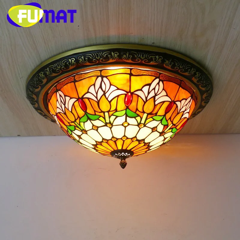 FUMAT Tiffany style stained glass European retro ceiling light Round light for restaurant corridor balcony ceiling lamp decor