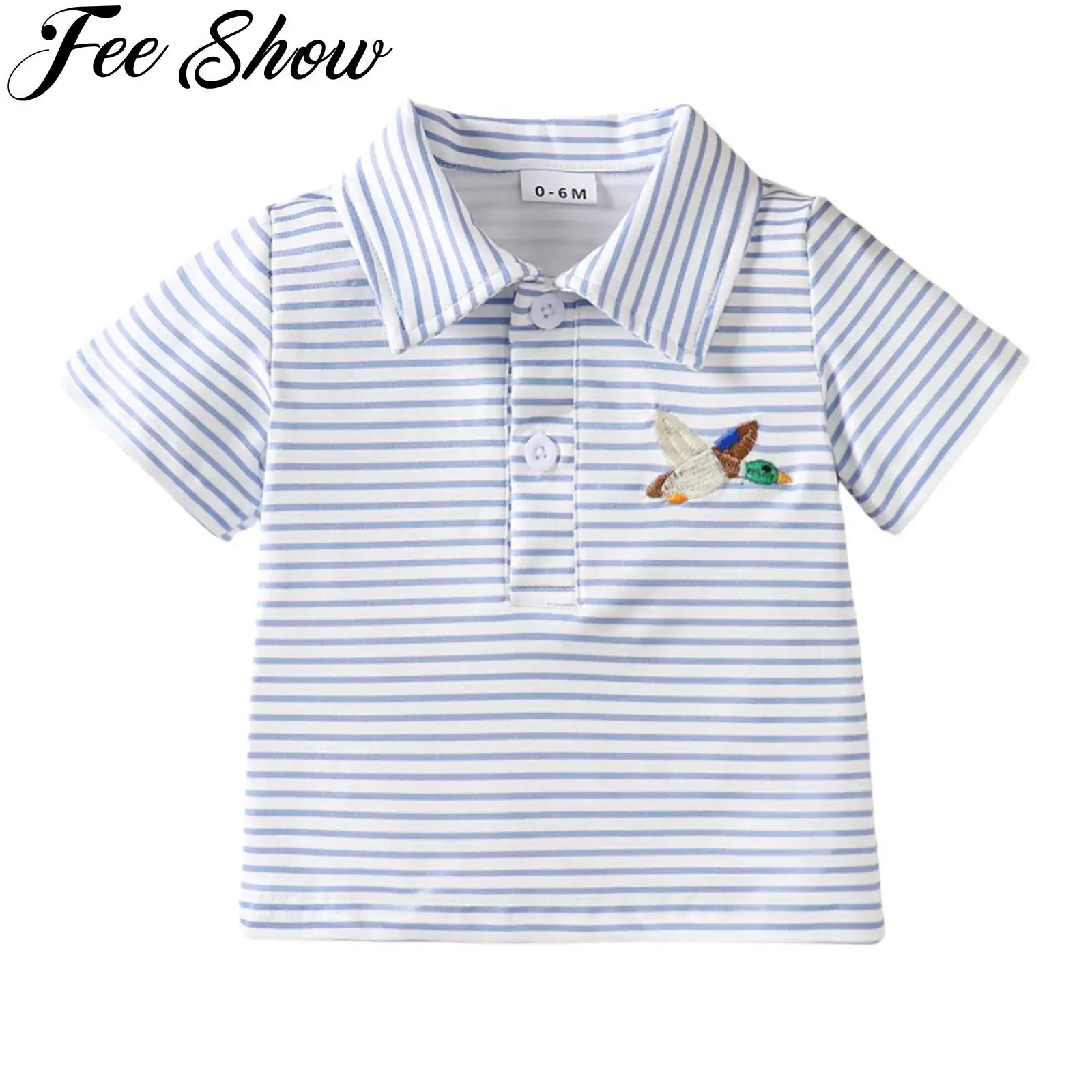 

Toddler Baby Boys Casual T-shirt Summer Clothes Short Sleeve Lapel Striped Embroidery Button Shirt Tops for Schooling Daily Wear