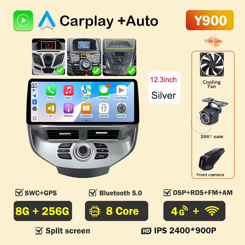 12.3 inch Autoradio Voor Ford Fiesta MK6 MK7 2009-2016 LHD RHD Android Multimedia Video Player GPS draadloze Carplay QLED Scherm