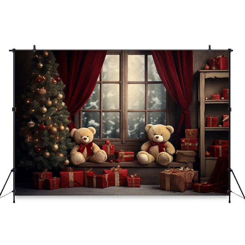 Merry Christmas ภาพพื้นหลังสําหรับเด็กในร่มหน้าต่างบ้าน Xmas Tree หมีของขวัญการถ่ายภาพฉากหลังสตูดิโอ Photozone