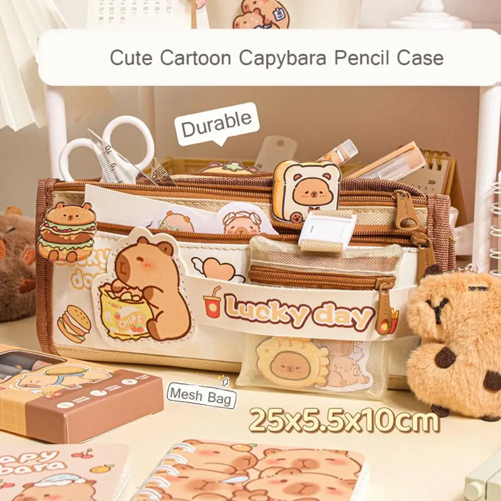 New Canvas Capybara Pencil Case Large Capacity with Mesh Coin Bag Pencil Box Portable Lightweight Pen Bag