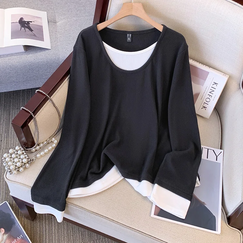 Plus size, base shirt, fashionable and stylish T-shirt, color blocking splicing, fake two-piece shirt 3453