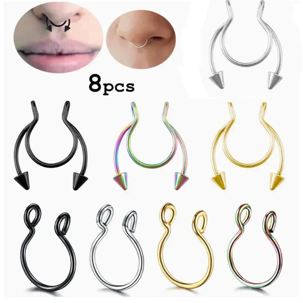 1/8Pcs Set of U-shaped Fake Nose Rings Fake Nose Lip Piercing Jewelry For Woman and Man Stainless Steel Different Colors
