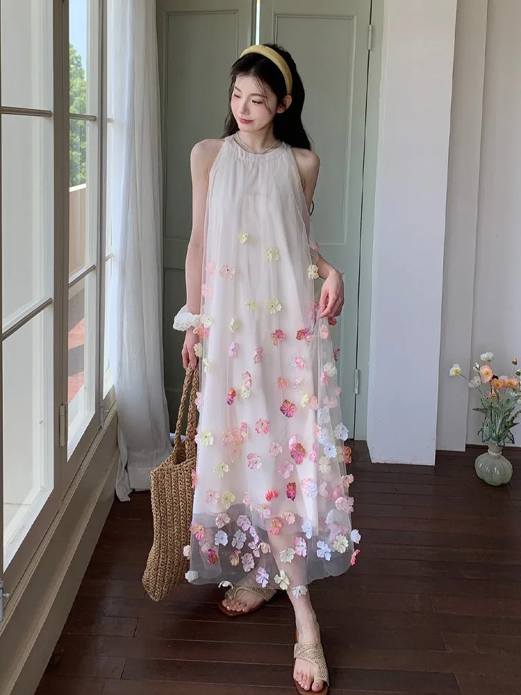 A new sleeveless halter dress with vacation style featuring stunning three-dimensional floral charm