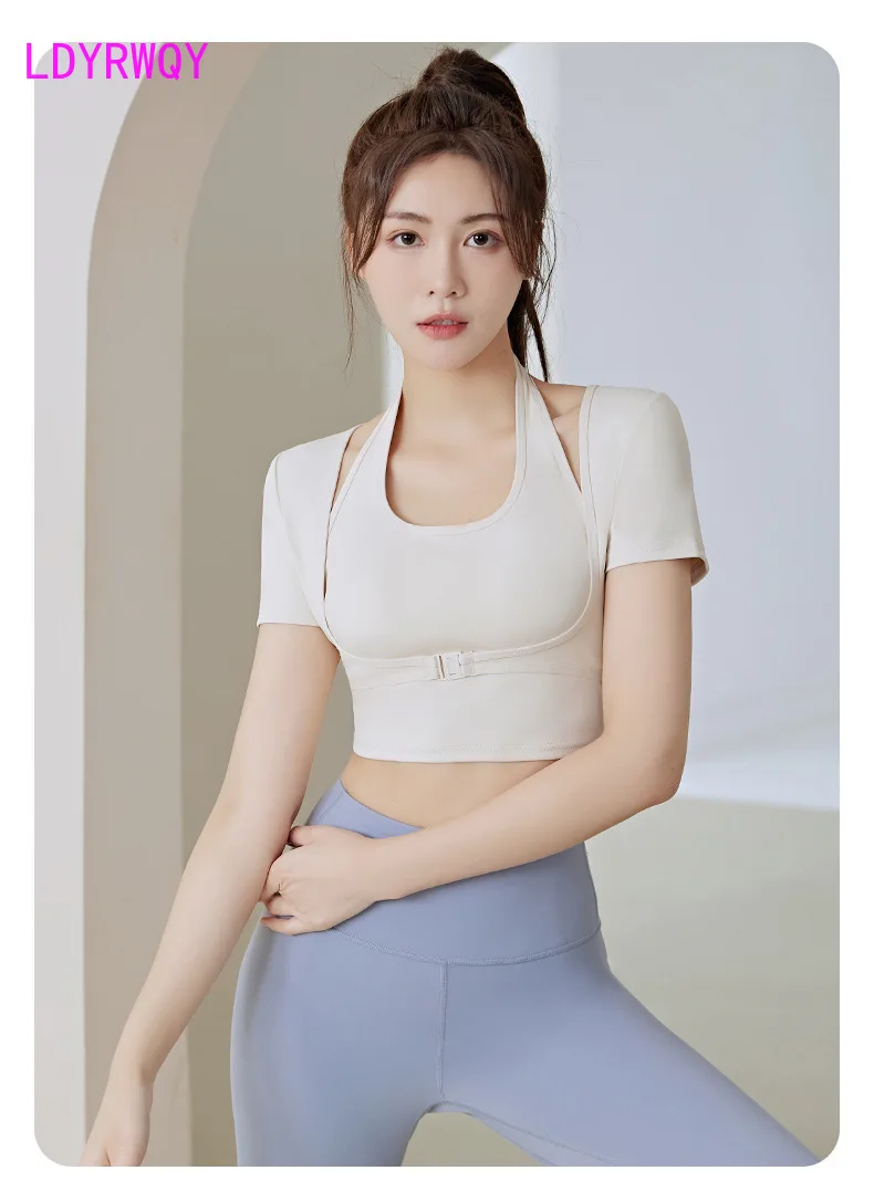 

New Hanging Neck Top with Chest Pad Short Fit Quick Dried Yoga Fitness Short Sleeve T-shirt